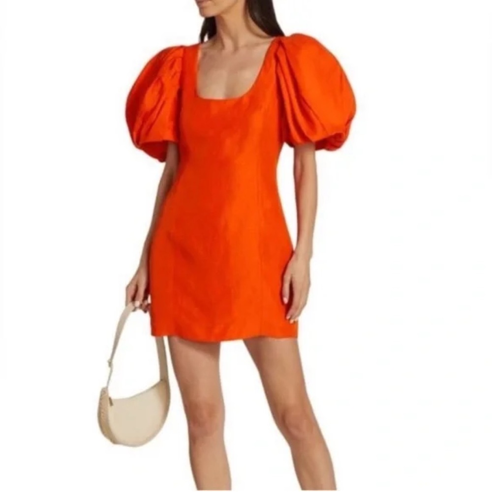 Frame Denim Mandarin Linen Puff Sleeve Uneck Mini Dress